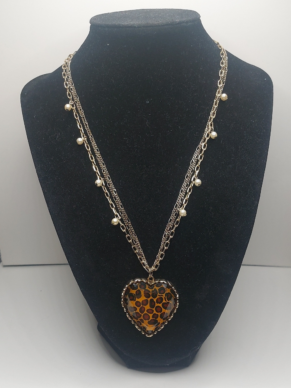Betsey Johnson Leopard Print Heart Triple Strand Pendant Necklace